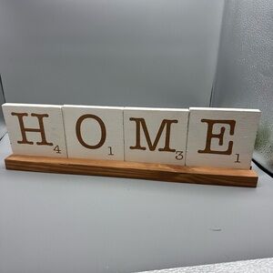 Wooden home decor scrabble tiles on stand